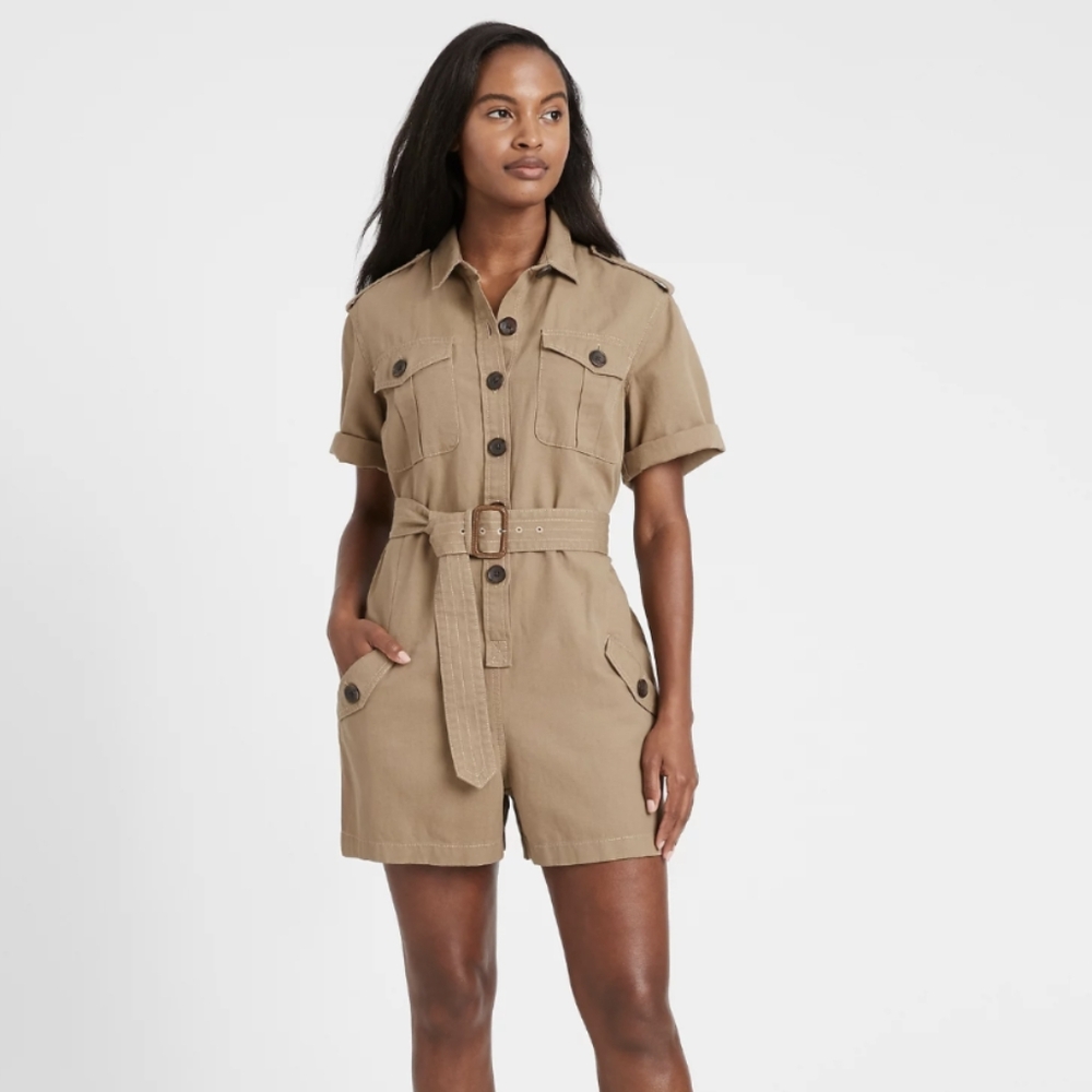 Safari Romper Jumpsuit Utility Shorts Beige Khaki